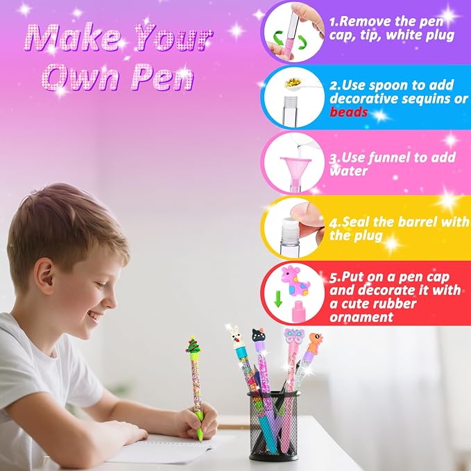 MOMUSE DIY Pen Making Kit for Kids Girls 6-12, Pen Creator Studio Craft Kit | 50 Accessories, Makes 12 Sparkly Pens with Sequins Beads, Mess-Free, Tween Girls Birthday Presents Gift