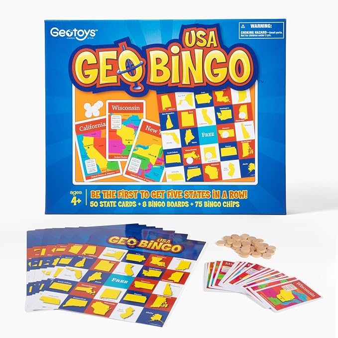 USA Bingo for Kids Ages 4 and Up, Geography Game for Home, School or Camp | Fun Kids Educational Game & Learning Resources, Bingo Games for Family, Kids Geography Toy, States and Capitals Game for Kids
