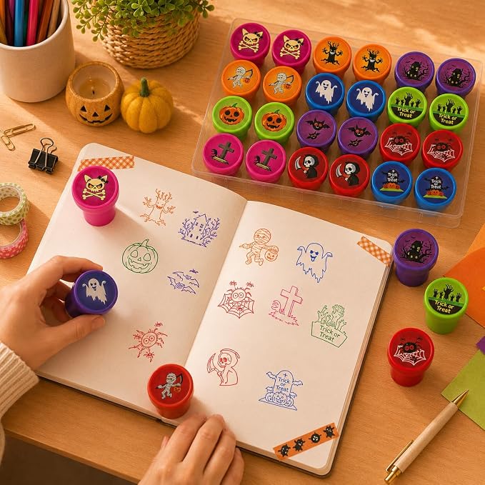 Cinrobiye 24 Pcs Halloween Stampers Party Favor Set, Cute Trick or Treat Stamps for Kids Halloween Party, Classroom Rewards, Halloween Goody Bag Fillers, Spooky Party Supplies