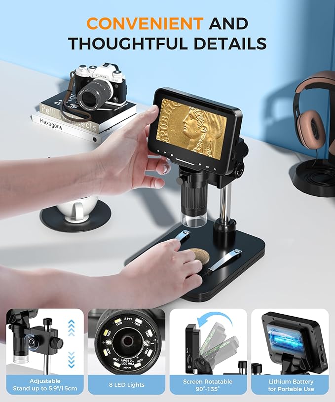 PalliPartners Digital Microscope for Coins with Light HD Screen | 4.3 Inch 1080P HD Screen, 10MP Camera, 1-1000X Zoom. Wireless USB Digital Microscope with Video Recorder for Inspection