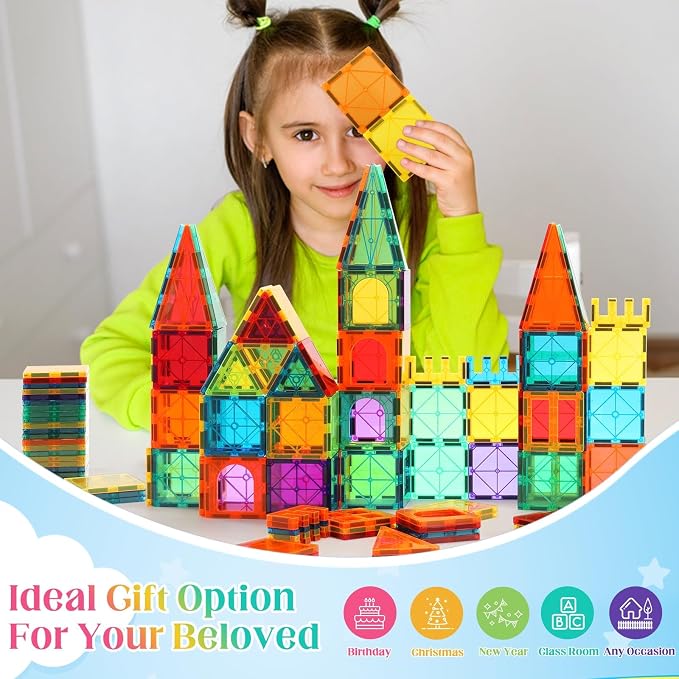OugerToy 64 PCS Magnetic Building Tiles for Kids Ages 3-9 | Educational Magnetic Stacking Blocks for Boys Girls, Magnets Construction Toys,Stem Preschool Kindergarten Learning Toys