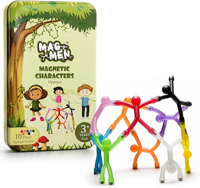 MAGMEN Magnetic People Figures, 10 Pc Magnet Men Kids Airplane Travel Toys | 3 in. poseable fidget figures, opaque colors, magnets securely embedded. Quiet car, desk and road trip play. With metal tin.