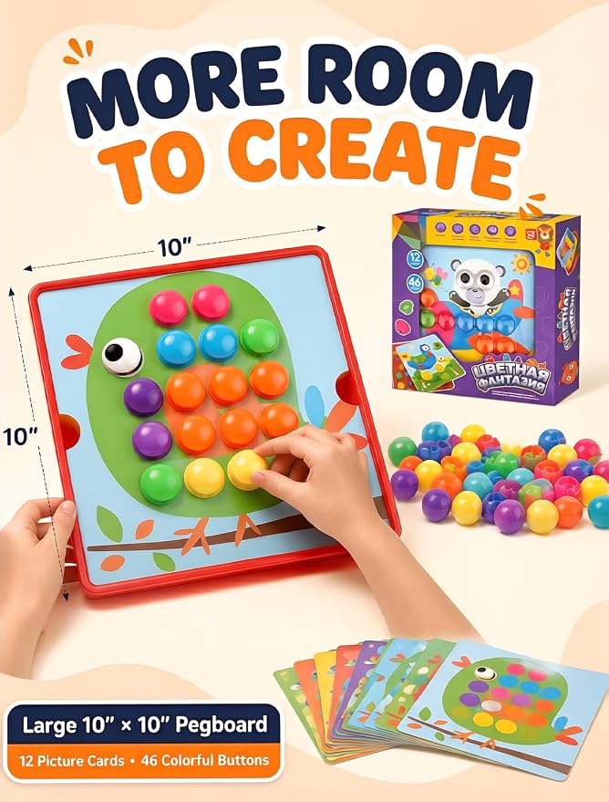 AluAbi Large Button Art Toy for Toddlers, Mosaic Peg Board, Ages 3+ | 12 picture cards and 46 colorful buttons; 10 x 10-inch color matching board with 1.4-inch pieces for fine motor play