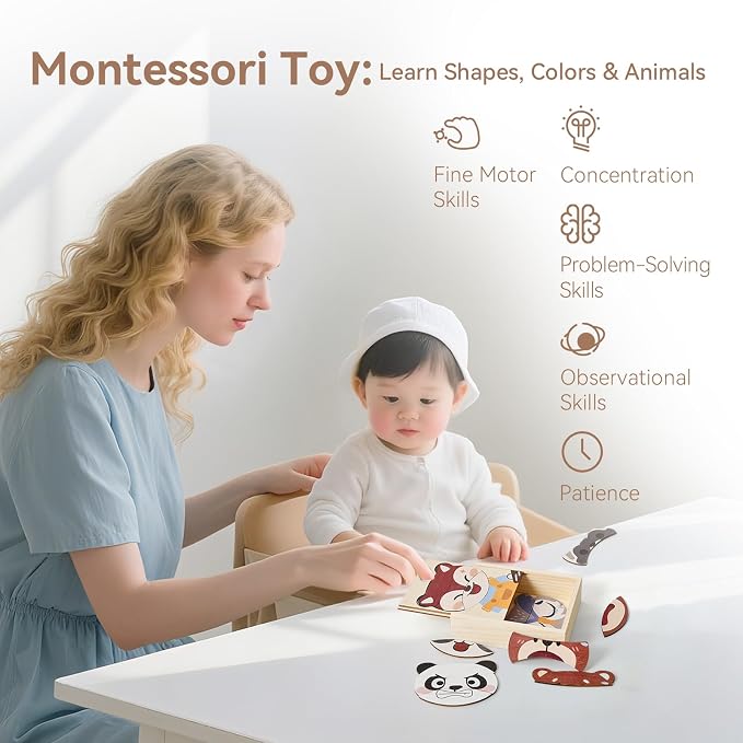 Emotion Animals Wooden Puzzle for Ages 3+, Mix-and-Match Animal Faces with Storage Box, Montessori Toy for Fine-Motor & Storytelling, Birthday