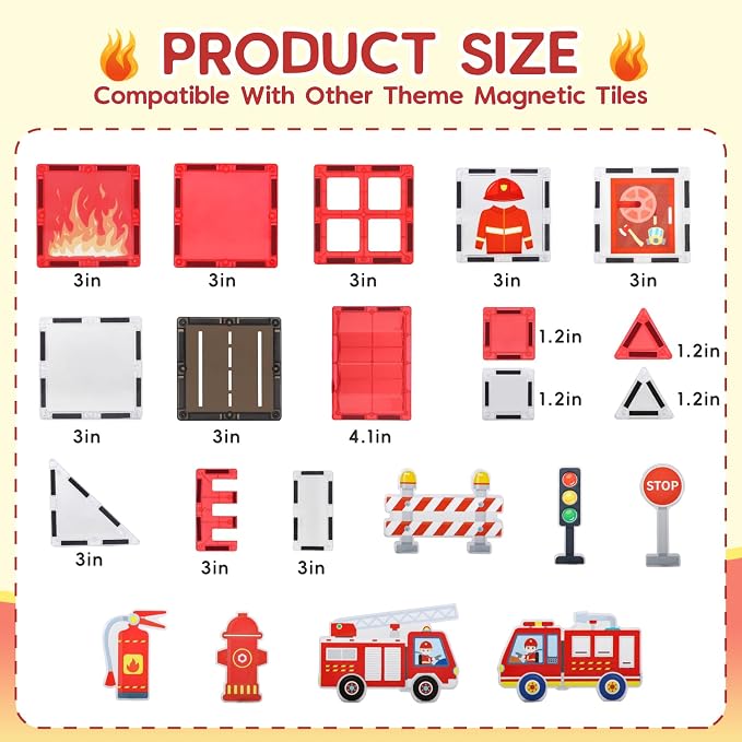 Firefighter Magnetic Tiles for Toddlers 3-5 – STEM Building Blocks Set with Fire Truck, Hydrant, Extinguisher & Storage Bag, Fire Station Creative Play for Boys & Girls, Christmas Birthday Gift