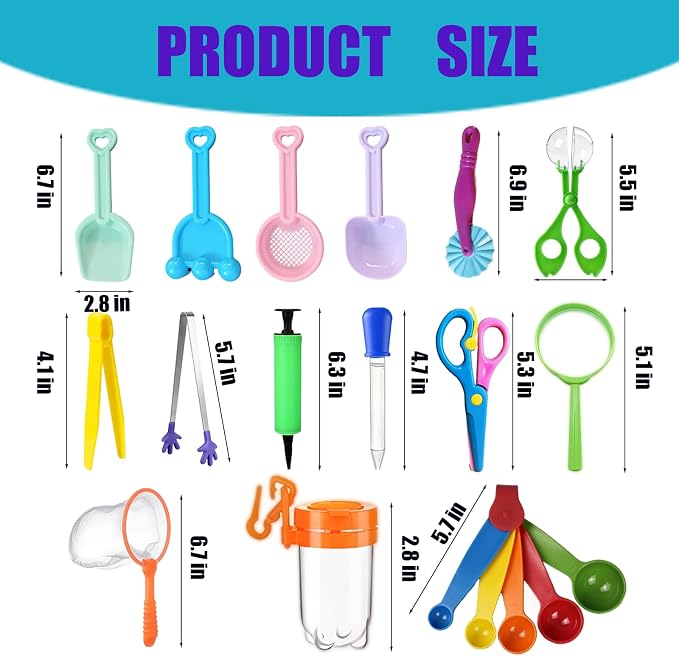 19 Pcs Sensory Bin Filler ，Sensory Bin Tools，Fine Motor Skills Handy Tools with Scoops, Tweezers, Beach Shovels, Air Pump, Scissors Clip, Magnifying Glass, Dropper, Mesh Scoop for Sensory Play