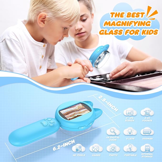 Leipan Magnifying Glass for Kids, 100X 2 LCD Scrren Handheld Microscope | Kids Magnifer with 8 LED Lights, Christmas Birthday Gifts for Children