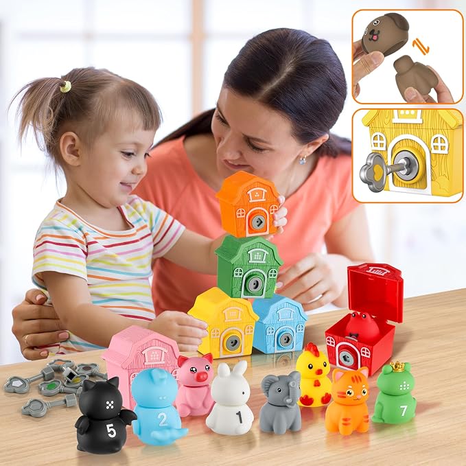 Grarain Toddler Farm Animals Toys, Upgraded Keys Barn Match Game, Montessori Educational Color Shape Sorting & Counting Learning Toy for Kids Boys Girls 3-6 Year Old, Fine Motor Gifts