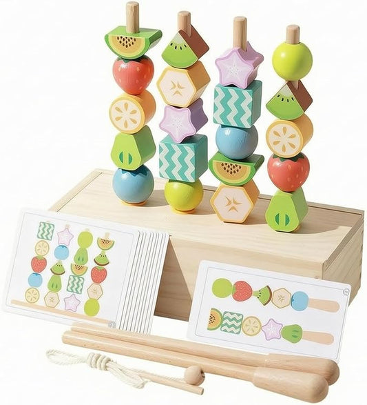 Children Learning Beads Wooden Fruit Themed Threading Blocks with Lacing String Pattern Cards Storage Box for Sequencing Shape Recognition Suitable for Classroom playroom