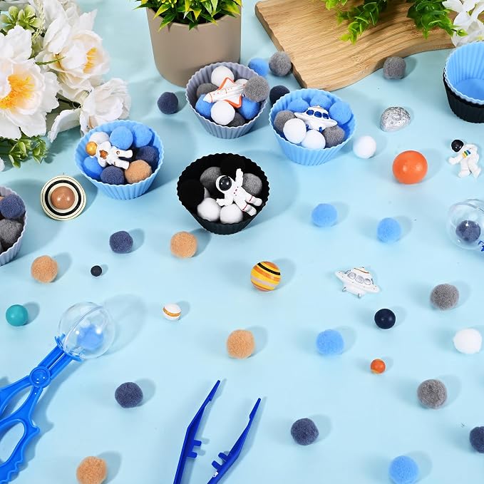 Sanixn 152 Pcs Space Sensory Bin Fillers Outer Space Fine Motor Skills Astronauts Sensory Bin Item Pompoms Cups Tweezers Scissor Clips for Preschool Education Activities Sorting Counting(Space)