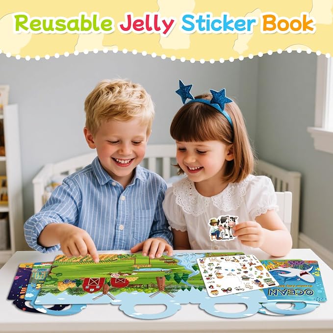 Reusable Sticker Book for Toddlers 3-6, Jelly Stickers for Kids, Sticker Activity Book Travel Toys, Car & Airplane, Educational Learning Gifts for Boys and Girls Ages (Farm Theme)