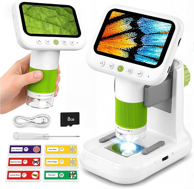 Kids Microscope with 1080P 4.3" Screen, 2-in-1 Desktop/Handheld Microscope | 1000X Microscope for Kids with 6 Slides, Photo/Video Capture, 8 LED Lights, 8GB Card, Birthday Christmas Gift for Kids 3-12