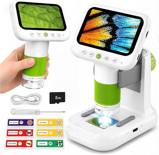 Kids Microscope with 1080P 4.3" Screen, 2-in-1 Desktop/Handheld Microscope | 1000X Microscope for Kids with 6 Slides, Photo/Video Capture, 8 LED Lights, 8GB Card, Birthday Christmas Gift for Kids 3-12