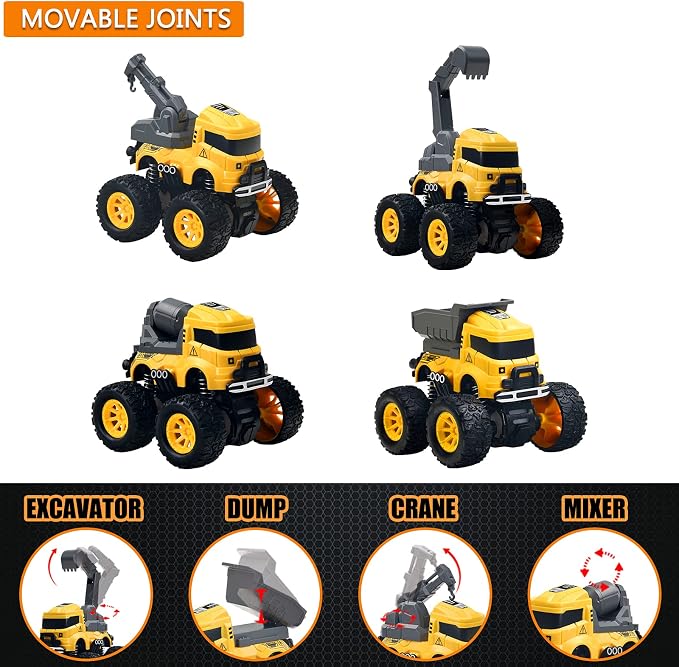 4 Pcs Construction Monster Truck Toys, Monster Trucks Friction Powered Car | Excavator, Mixer, Crane, Dump Trucks Toy, Push & Go 360° Roating Cars for Toddlers Kids Xmas Birthday Gifts for 3+ Boys Girls