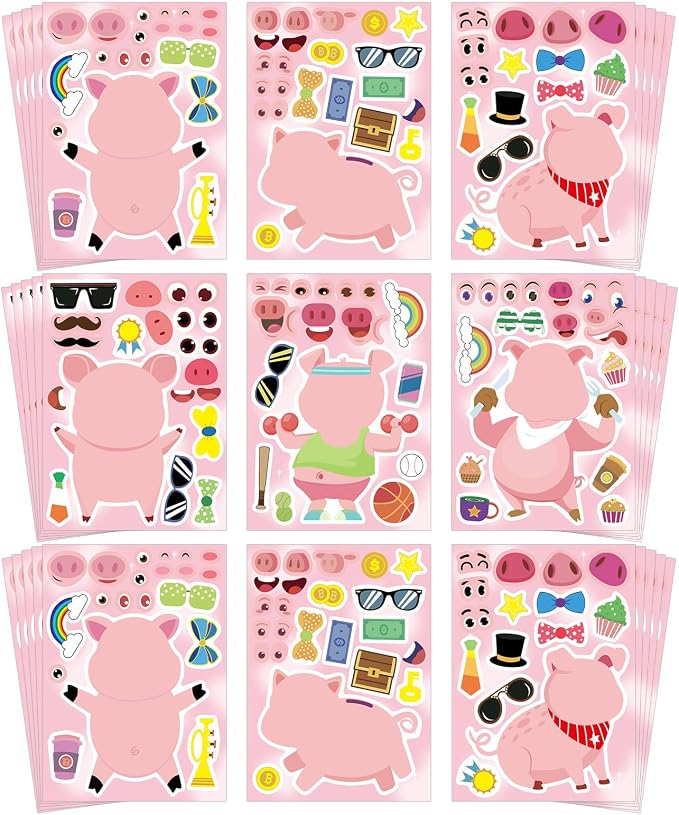 Aowplc 30 Make a Pig Sticker Sheets for Kids | Cute Piggy Mix & Match Crafts, Party Favors & Birthday Decorations