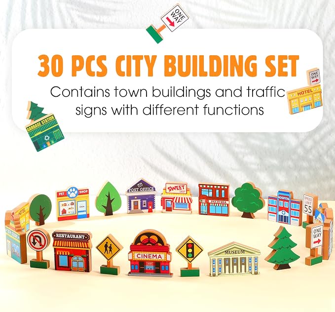 Blosssound 35 Pcs Wooden Town Building Play Toys for Kids City Street Traffic Signs Multicultural Community Block Train Track Accessories Preschool Classroom Educational Supplies Birthday Gifts