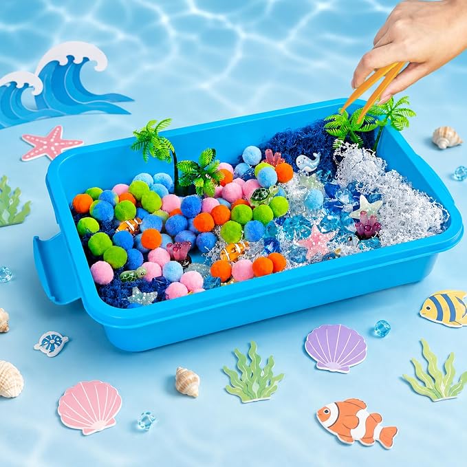 Cinrobiye 170 Pcs Ocean Animals Sensory Bin Fillers Set with Storage Box, Sea Animals, Sea Shells, Sea Stars & Under The Sea Accessories for Classroom Activities, Home Projects and Ocean Theme Decor