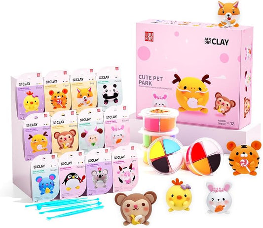 LOUFOR Air Dry Clay Kit -12 Animals Modeling Clay for Kids Arts and Crafts | Ultra Light & Soft,Safe & Non-Toxic,No-Sticky & Crack,DIY Molding Clay with Sculpting Tools,Party Favors Gifts for Girls Boys