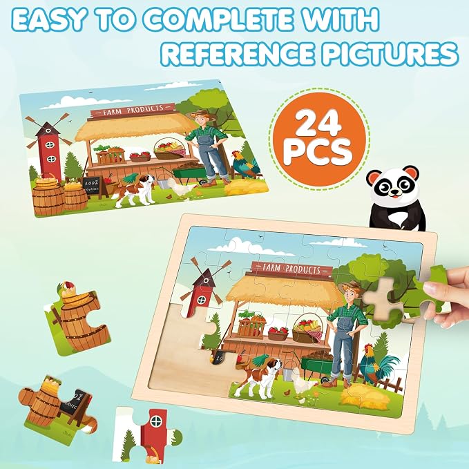 4-Pack Wooden Puzzles for Kids Ages 3-5, 24-Piece Farm Animal Set | Toddler Puzzles Ages 3-5, Preschool Puzzles with Wooden Jigsaw Boards for Fine Motor Skills, Shape Recognition and Travel