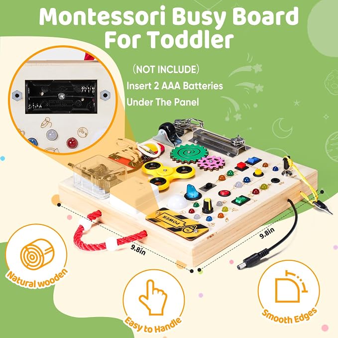 Montessori Wooden Busy Board Toys for 1 2 3 Boys Girls,Toddler Sensory Educational Fidget Board Travel Toy with LED Light Up Switches & Music Boxes, Locks for Kids Gifts