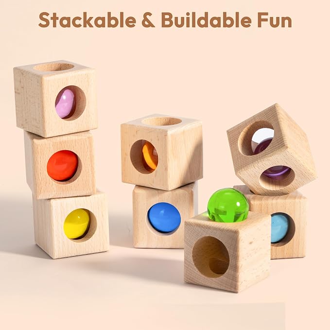 Woodtoe Montessori Stacking Toy for 3 4 5 6 Year Old, Rainbow Building Blocks for Toddlers, Acrylic Gem Ball Stacking Blocks & Wooden Blocks, Educational STEM Creative Sensory Toys for Boy Girl 3-6