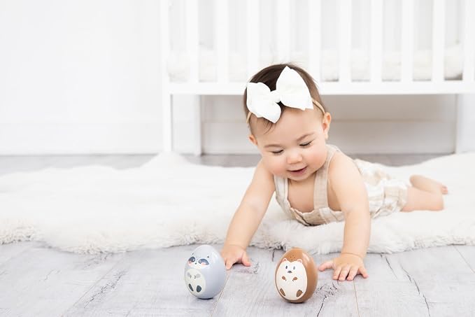 Pearhead Baby Wooden Wobble Toy Set, Raccoon and Hedgehog Balance Toys | FSC-Certified Wood, Montessori-Inspired Tummy Time Play, Sensory Development, Hand-Eye Coordination, Toddler Gift, Ages 6M+