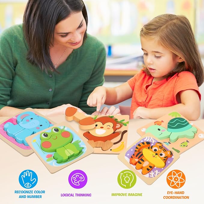 Wooden Puzzles for 2-4, 6 Pack Animal Shape Puzzle Montessori Toys for 2 3 4 Year Old, Educational Learning Toys for Girls Boys