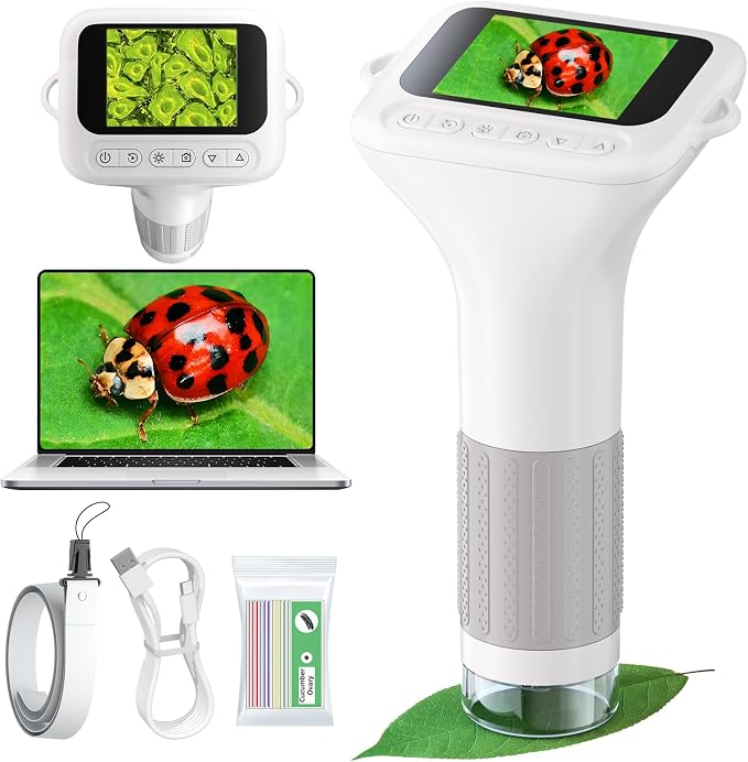 Odatay 1000X Digital Kids Microscope Kit with 12 Slides & 2" Screen, White | 1080P Imaging, Fit Ages 3-12, Standalone Pocket Science Edu Toys Gifts, Outdoor Backyard Bugs Exploring, Anti-drop Lanyard