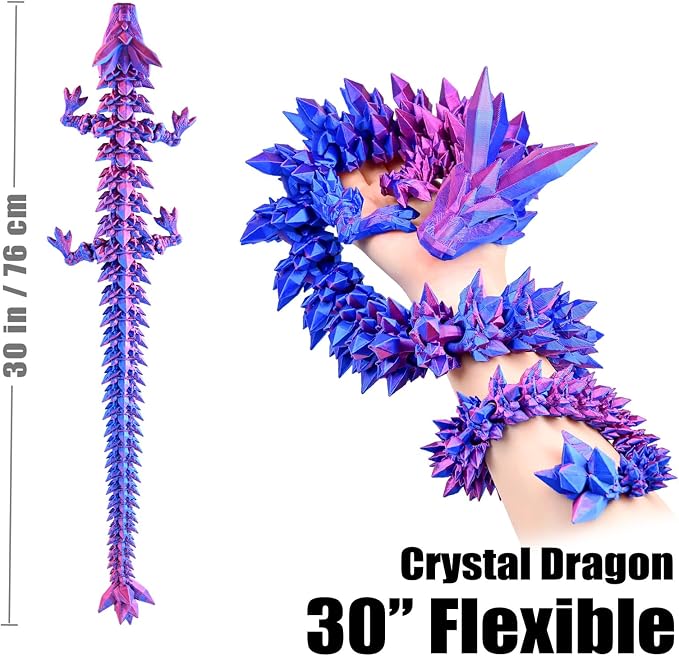 30 Inch Large 3D Printed Dragon 76cm Long Fidget Toy Gift Decor | Flexible Giant Articulated Dragon Toy, Home Desk Decoration, Birthdays Christmas Gift for Kids Boys Girls Adults, Red Blue