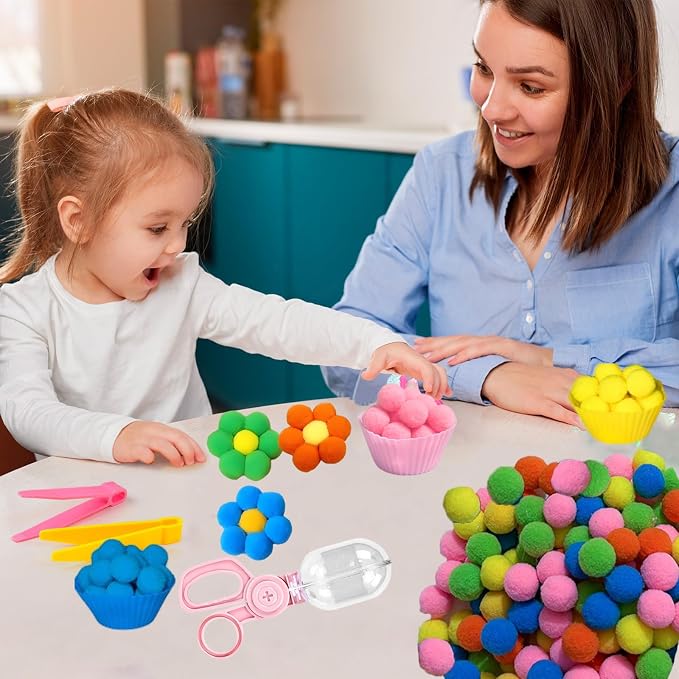 218Pcs Montessori Fine Motor Toys for Toddlers, Pom Poms Sorting Set with Tweezers, Clips, Cups & Storage Box, Sensory Bin for Preschool Learning, Counting, Color Matching