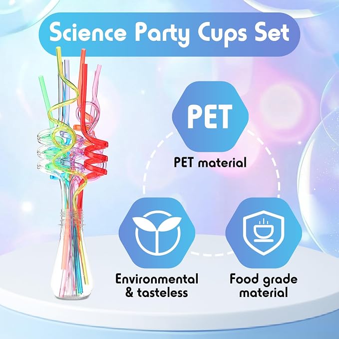 Jingmore 36 Pcs Science Party Theme Cups Set with Silly Loop Straws Science Stickers Plastic Reusable Small Conical Flask Bottles Test Tubes for Birthday Party Decorations(Conical Flask)