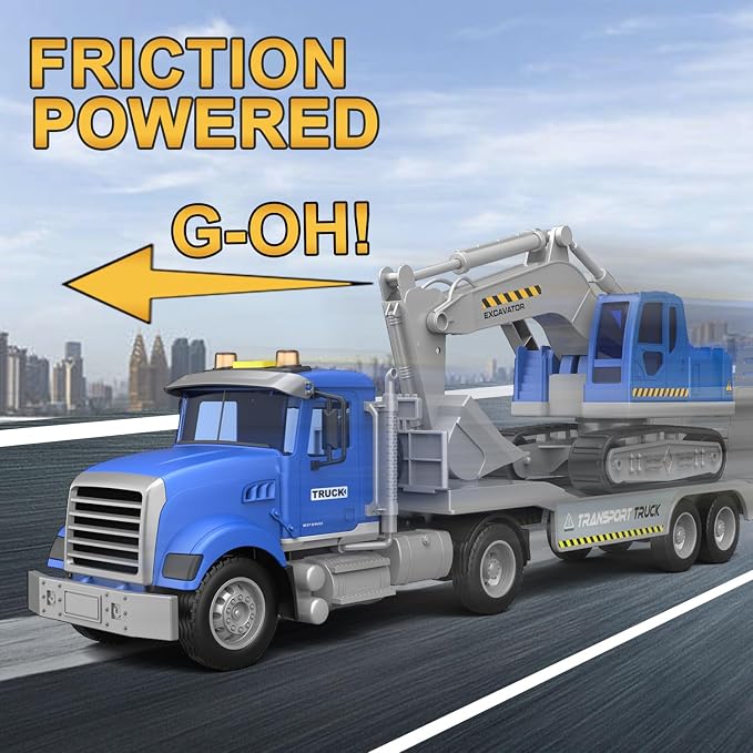 DOWELLIN Transports Trucks Kids Toys, 22" Large Semi Truck Toy Carrier and Excavator Truck with Sound&Light,Friction Powered Cars Toys Vehicle Birthday for Boys Girls 3 4 5 6 7 8+