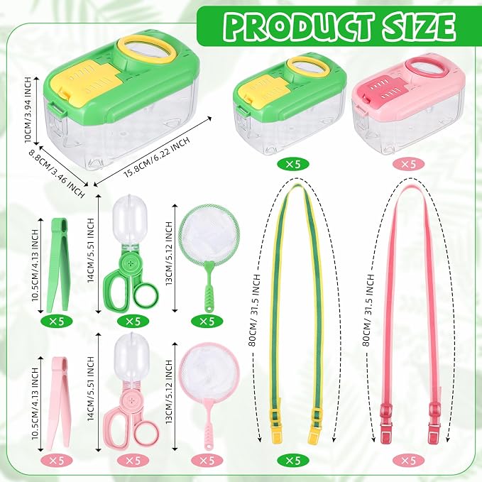 Halloscume 10 Sets Bug Catcher for Kids Students Insect Catching Kit Collector Bug Box with House, Butterfly Net, Tweezer, Cage Habitats Container Collection Explorer Gift (Pink,Green)