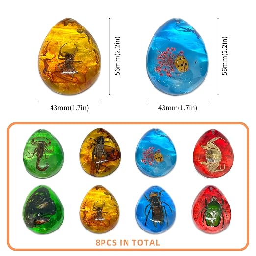 8 pcs Insect Amber Fossils, BOSOIRSOU Amber Fossil Pendants, Different Insect Specimen, Bug Preserved in Resin, Kids Educational Toy and Scientific Amber Collections-Fixed Patterns