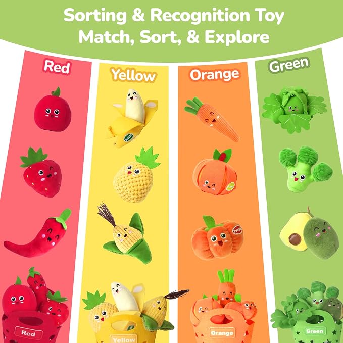 Baby Color Sorting Sensory Toys - Fruit Vegetable Play Food 1 Year Old Toys | Plush Pretend Play Toy for Toddlers 1-3, Montessori Toys Baby 6-12 Months Boy Girl Birthday Gifts, Peelable, Crinkle & Rattle