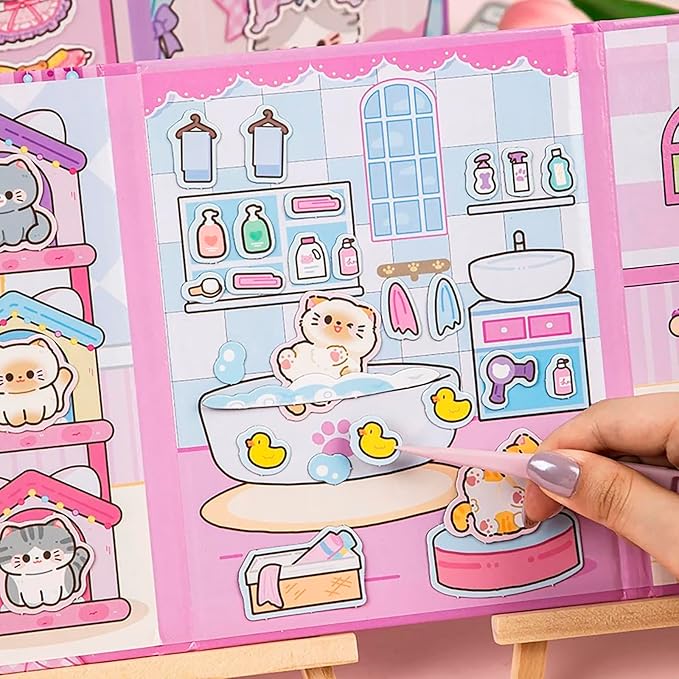 Cat Theme DIY Pre-Cut Sticker Quiet Book with 6 Pages of Background Scenes, Reusable Pretend Play Activity Book for Girls Birthday Gift, Pink