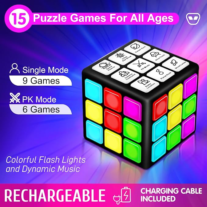 Xinbeiya Rechargeable Handheld Cube with Games, 15 Fun Brain & Memory Games | Christmas Easter Birthday Gifts for Boys and Girls Ages 6-12+ Years Old with Score Screen, Toy Gifts for Kids, Black