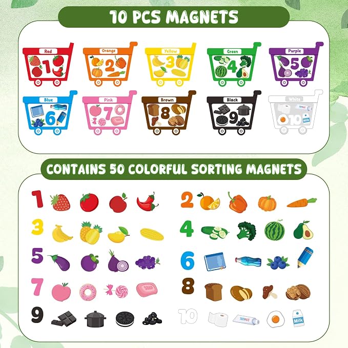 10Pcs Magnetic Color Sorting Set 60 Fridge Magnets for Kids | Cute Fruit Food Refrigerator Magnets for Kids Early Education Color Sorting Shape Matching