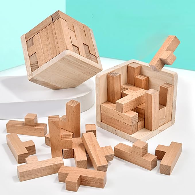 AHYUAN Wooden Brain Teaser Puzzles Cube Stocking Stuffers Wooden Puzzles T-Shaped Jigsaw Logic Puzzle Educational Games Toy for Kids and Adults (Coffee and Natural)