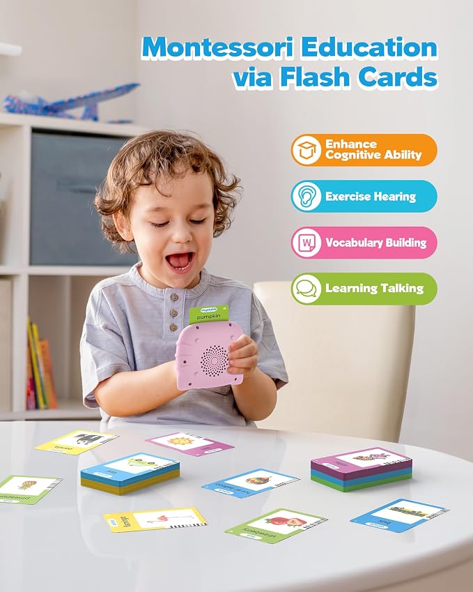 Airbition Talking Flash Cards for Toddlers Ages 1‑4,224 Words English Pink | Montessori Language Learning Toys with 224 Words, Pocket Speech Therapy Toys, Children's Sensory Educational Toys