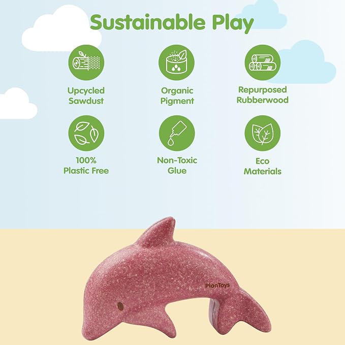 PlanToys® Wooden Dolphin Figurine, Montessori Kids Ocean Animal Bath Toy | wooden dolphin figurine, montessori ocean animal figure, imaginative creative play, bath water toy, pretend play, kids toddle