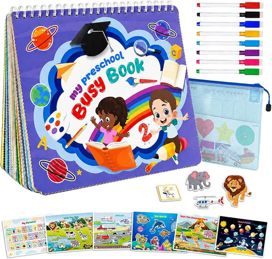 Busy Book for Toddlers 3-5, Preschool Learning Activities, 30 Themes | Reusable Activity Workbook with 8 Markers for Tracing, Matching and Coloring, Montessori Travel Toy for Home and Road Trips
