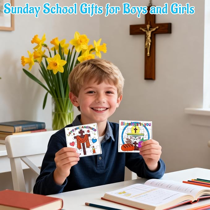 24 Sets Sunday School Crafts for Kids Ages 4-8, Christian VBS Craft Puzzle Jesus Cross Bible, Religious Arts Gifts for Classroom DIY Activity, Back to School Party Favors, Coloring Game Bulk Supplies