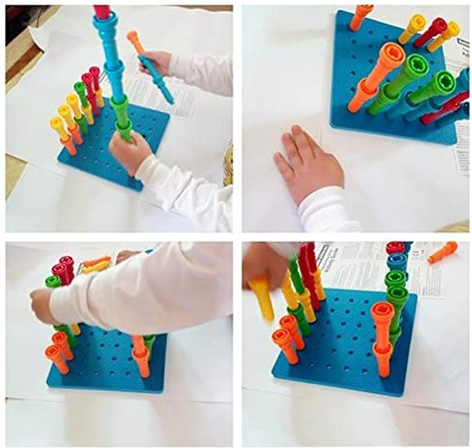 Peg Board Set Toys-Montessori Occupational Therapy Fine Motor Skills Toy, Suitable for Toddlers and Preschoolers Over 3+ Year Old. 25 Tall-Stacker Pegs Rubber 8" Pegboard
