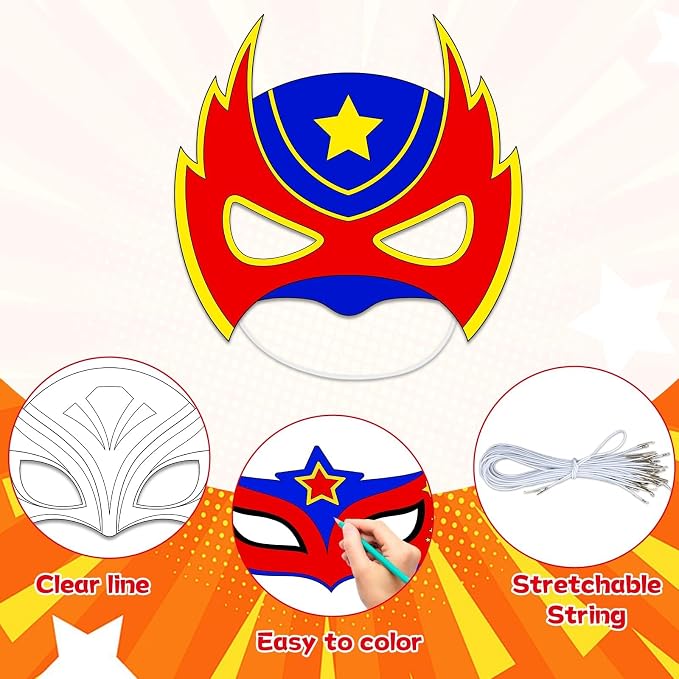 chiazllta 24 Pcs Color Your Own Hero Mask Crafts Hero Party Favors for Kids DIY Super Paper Mask Making Kits Father's Day Decorations Class Home Activity Coloring Game