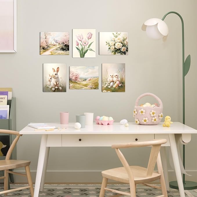 HOURIA 6Pcs Framed Spring Canvas Wall Art(8”x10”), Eggs Bunny Chicks Easter Wall Decor, Vintage Spring Tulip Floral Wildflowers Cottage Landscape Art Prints for Farmhouse Living Room Bedroom Nursery