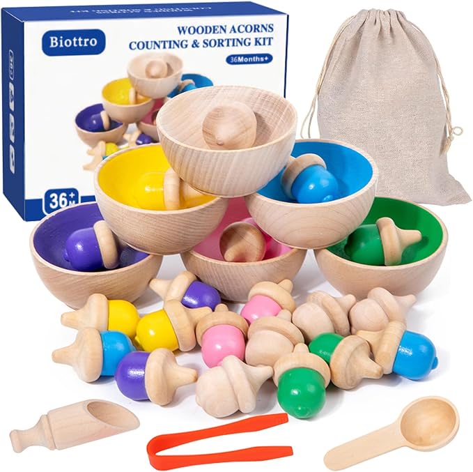 Wooden Color Sorting Toys for Toddlers - Montessori Counting Game with 6 Bowls & 20 Weighted Acorns - DIY Unpainted Pieces - Premium Educational Set with Tweezers, Spoon, Scoop & Bag - Kids 3+