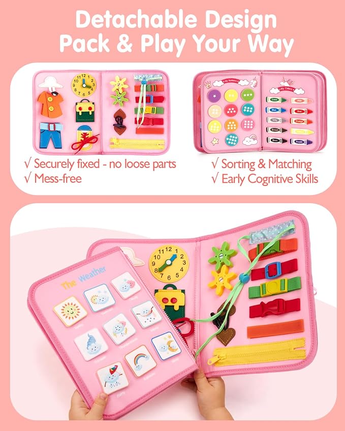 hahaland Busy Board Montessori Toys Busy Book Toddler Girl Gifts Travel Toy | Toddlers Educational Learning Toys with Life Skills, Alphabet, Number, Shape, Color, Weather, Detachable Pages for Car Ride