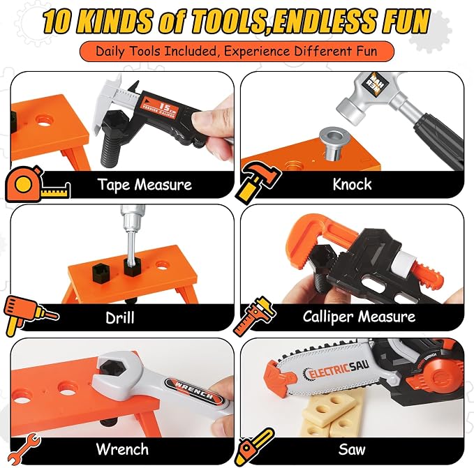 Toddler Tool Set, Kids Tool Box with Toy Chainsaw, Kids Toys for Boys 3-5 | 48 Pcs Construction Tools Kit with Electronic Toy Drill, Christmas Birthday Gifts for Boys Girls Ages 3 4 5 6 7 8, Orange