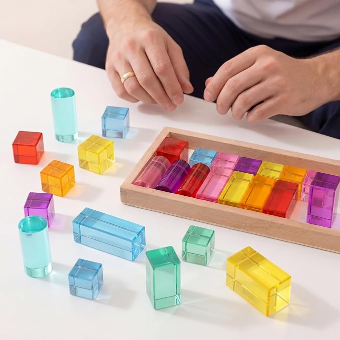 27 Pcs Acrylic Wooden Gem Blocks Sparkling Translucent Cubes Stacking Toys Wooden Cubes Blocks with Colorful Acrylic Open Ended Play Montessori Educational Toys (Square)